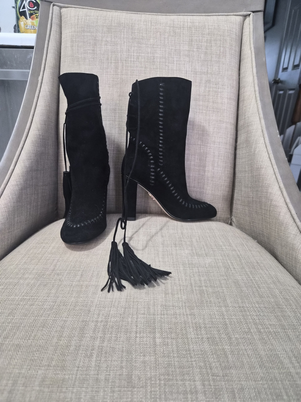 Andrea Gomez Black Suede Tassel Low-Calf High Heel Boots - Women